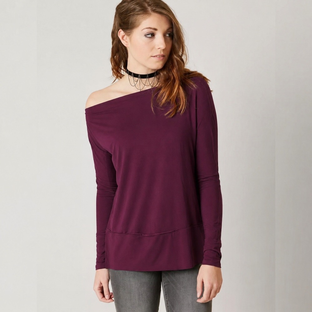 Free People Luna Tee Purple Long Sleeve Off Shoulder Womens Size Medium Boho Top